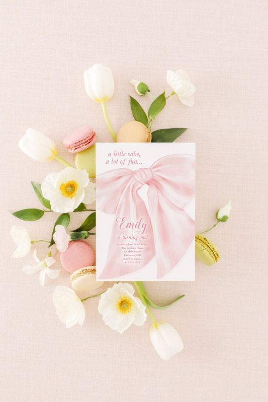 Bow First Birthday Invitations, Preppy Pink Bow Invites, Watercolor Bow, Little Lady, Girl 1st Birthday, Fancy Garden Party, Whimsical Bow (10 printed invitations, Plain White Envelopes)