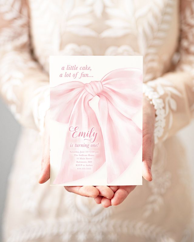 Bow First Birthday Invitations, Preppy Pink Bow Invites, Watercolor Bow, Little Lady, Girl 1st Birthday, Fancy Garden Party, Whimsical Bow (10 printed invitations, Plain White Envelopes)