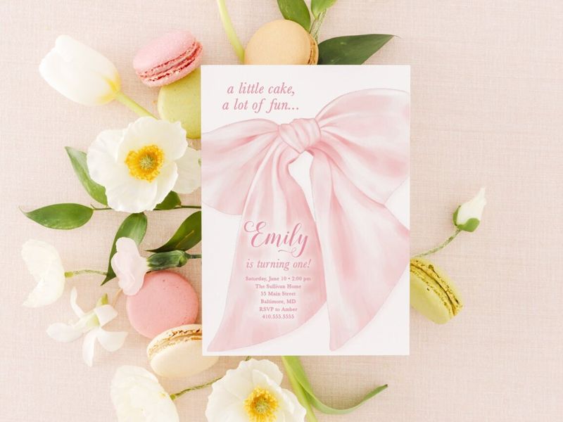 Bow First Birthday Invitations, Preppy Pink Bow Invites, Watercolor Bow, Little Lady, Girl 1st Birthday, Fancy Garden Party, Whimsical Bow (10 printed invitations, Plain White Envelopes)