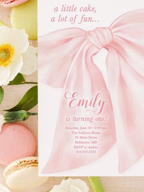 Bow First Birthday Invitations, Preppy Pink Bow Invites, Watercolor Bow, Little Lady, Girl 1st Birthday, Fancy Garden Party, Whimsical Bow (10 printed invitations, Plain White Envelopes)