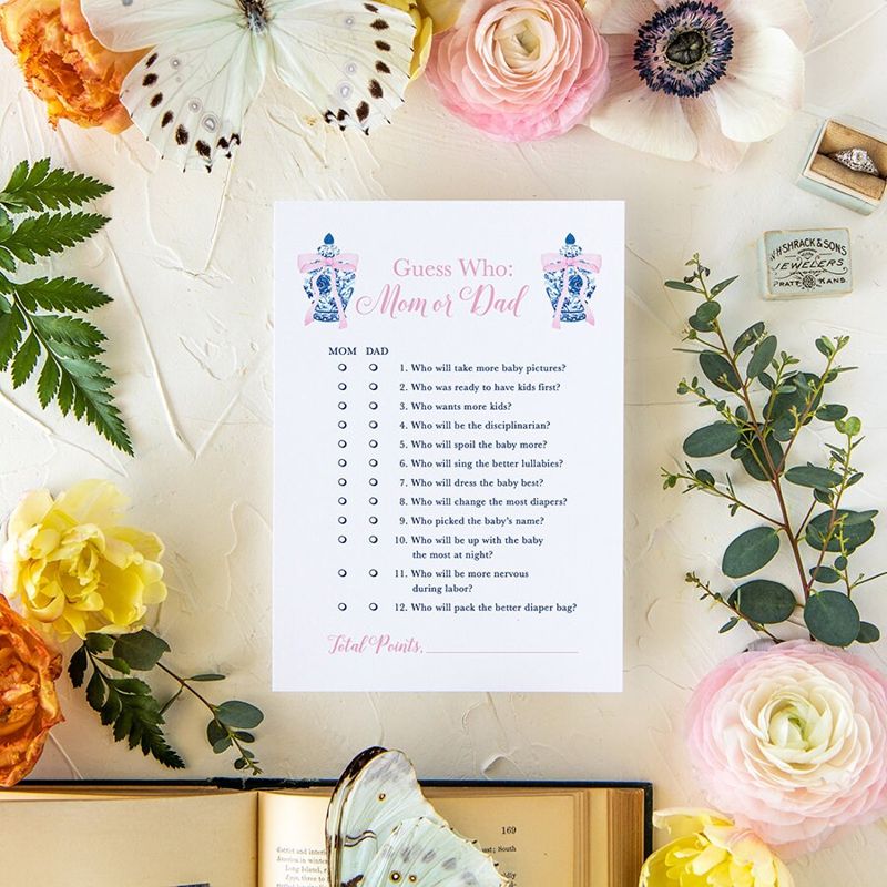 Baby Shower Printed Guess Who Mom or Dad Game - Printed Game Cards - Baby Girl Shower - Chinoiserie Jar Pink Bow (20 printed cards)