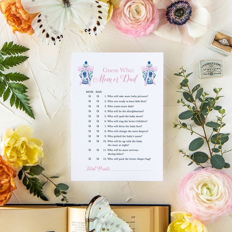 Baby Shower Printed Guess Who Mom or Dad Game - Printed Game Cards - Baby Girl Shower - Chinoiserie Jar Pink Bow (20 printed cards)