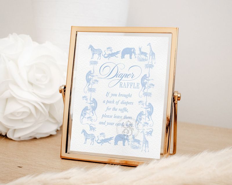 Printable Safari Toile Diaper Raffle Sign for Boy Baby Shower - Printable 8x10 - Boy Baby Sprinkle Blue
