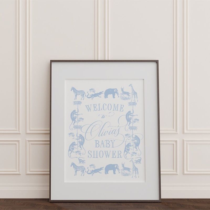 Blue Safari Boy Baby Shower Welcome Sign Blue Safari Toile- Boy Baby Sprinkle - Sip and See 18x24" Printable