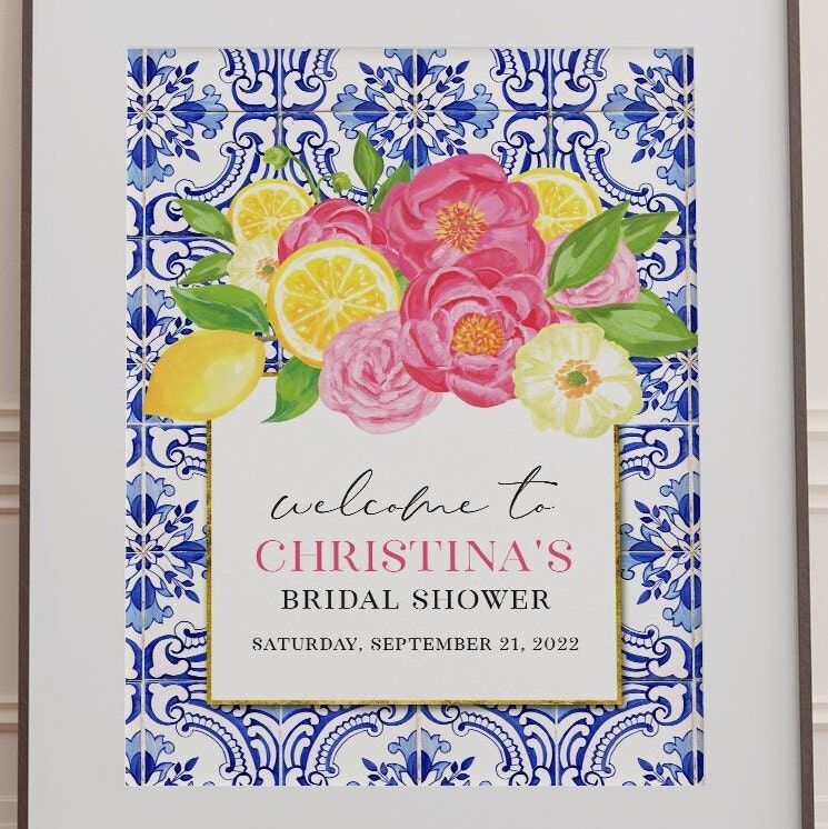 Lemon Bridal Shower Welcome Sign - 18x24" printed poster - Lemon Welcome Poster - Lemon Bridal Brunch - Lemon Blue Tile (18x24")