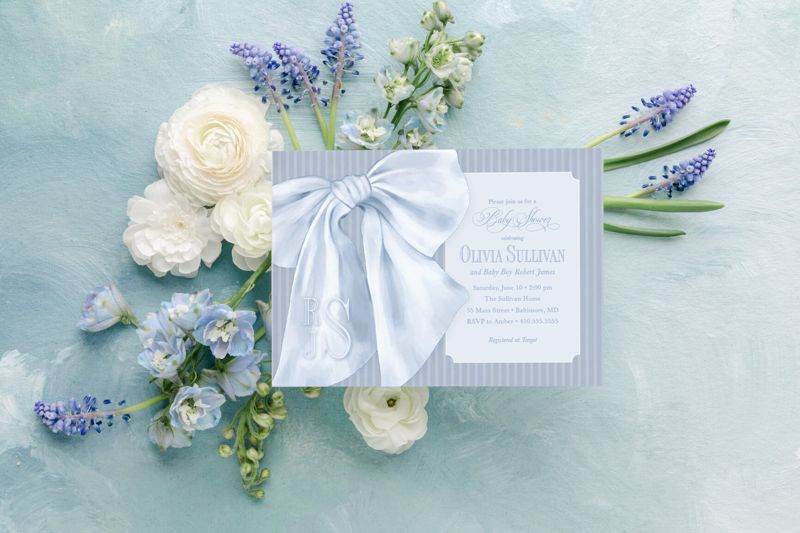 Baby Boy Shower Invitations - Boy Baby Sprinkle - Classic Invite - Blue Monogram Bow - Traditional Boy Sip and See - Baby Brunch (10 printed invitations | Plain White Envelopes)