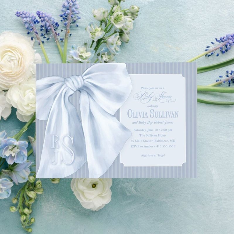 Baby Boy Shower Invitations - Boy Baby Sprinkle - Classic Invite - Blue Monogram Bow - Traditional Boy Sip and See - Baby Brunch (10 printed invitations | Plain White Envelopes)