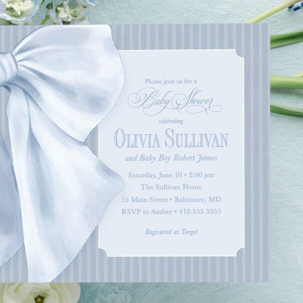 Baby Boy Shower Invitations - Boy Baby Sprinkle - Classic Invite - Blue Monogram Bow - Traditional Boy Sip and See - Baby Brunch (10 printed invitations | Plain White Envelopes)