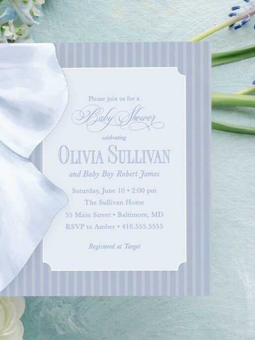 Baby Boy Shower Invitations - Boy Baby Sprinkle - Classic Invite - Blue Monogram Bow - Traditional Boy Sip and See - Baby Brunch (10 printed invitations | Plain White Envelopes)