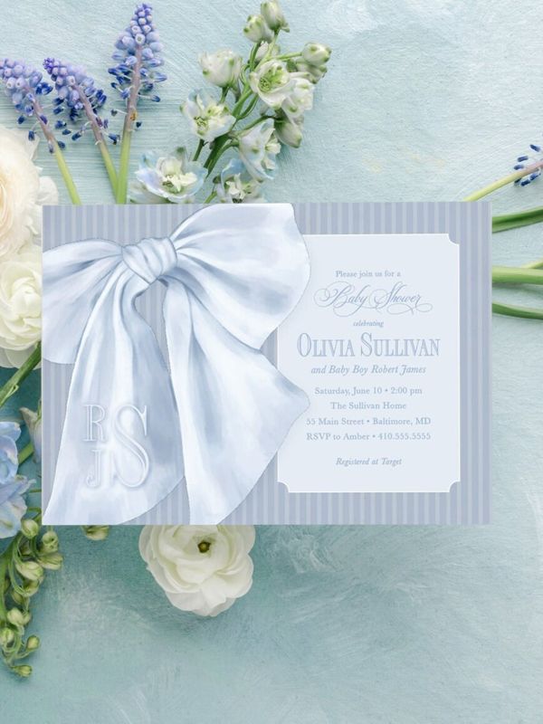 Baby Boy Shower Invitations - Boy Baby Sprinkle - Classic Invite - Blue Monogram Bow - Traditional Boy Sip and See - Baby Brunch (10 printed invitations | Plain White Envelopes)