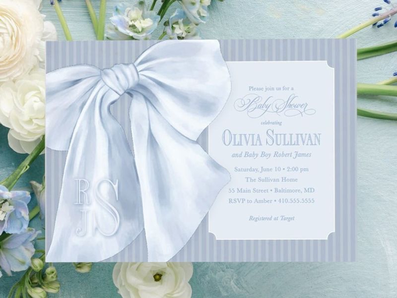 Baby Boy Shower Invitations - Boy Baby Sprinkle - Classic Invite - Blue Monogram Bow - Traditional Boy Sip and See - Baby Brunch (10 printed invitations | Plain White Envelopes)