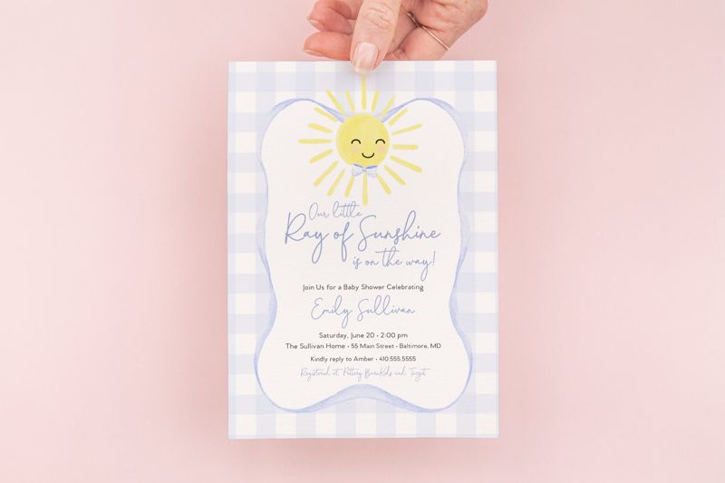 Preppy Blue Gingham Sunshine Baby Shower Invitation - Our Little Ray of Sunshine - My Sunshine - Sunshine Boy Invite (10 printed invitations | Plain White Envelopes)