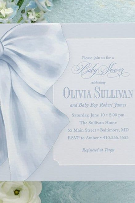 Baby Blue Boy Shower Invitations - Boy Baby Sprinkle - Classic Invite - Blue Monogram Bow - Traditional Boy Sip and See - Baby Brunch (10 printed invitations | Plain White Envelopes)