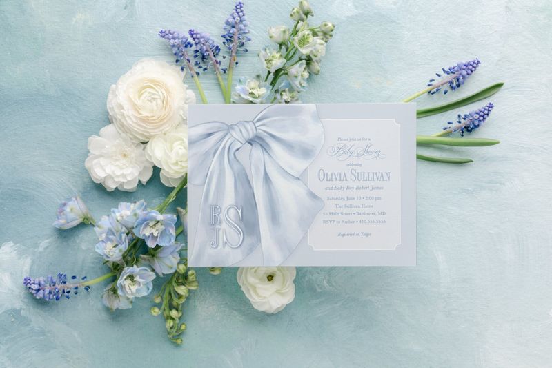 Baby Blue Boy Shower Invitations - Boy Baby Sprinkle - Classic Invite - Blue Monogram Bow - Traditional Boy Sip and See - Baby Brunch (10 printed invitations | Plain White Envelopes)