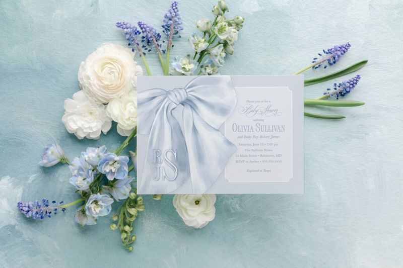 Baby Blue Boy Shower Invitations - Boy Baby Sprinkle - Classic Invite - Blue Monogram Bow - Traditional Boy Sip and See - Baby Brunch (10 printed invitations | Plain White Envelopes)