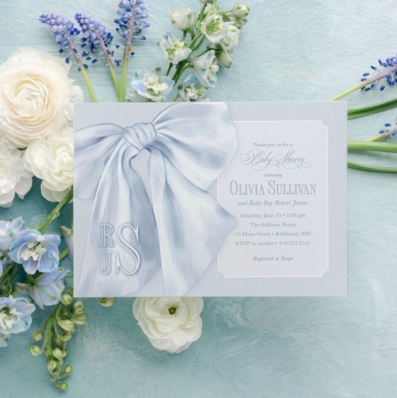 Baby Blue Boy Shower Invitations - Boy Baby Sprinkle - Classic Invite - Blue Monogram Bow - Traditional Boy Sip and See - Baby Brunch (10 printed invitations | Plain White Envelopes)