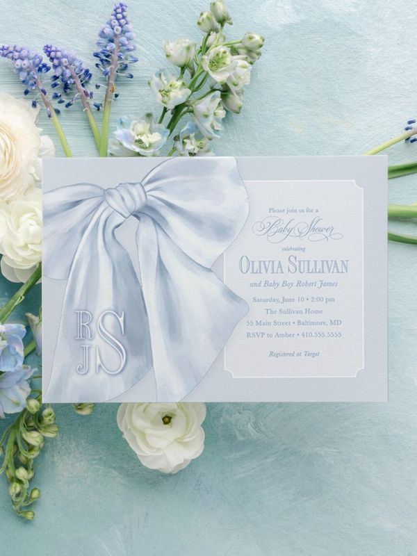 Baby Blue Boy Shower Invitations - Boy Baby Sprinkle - Classic Invite - Blue Monogram Bow - Traditional Boy Sip and See - Baby Brunch (10 printed invitations | Plain White Envelopes)