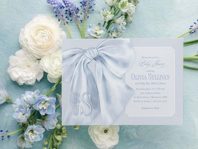 Baby Blue Boy Shower Invitations - Boy Baby Sprinkle - Classic Invite - Blue Monogram Bow - Traditional Boy Sip and See - Baby Brunch (10 printed invitations | Plain White Envelopes)