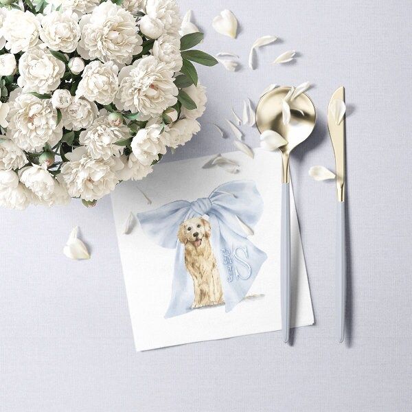 Golden Retriever Printed Napkins for Baby Boy Shower - Custom Paper Napkin - Monogram Bow Cocktail Napkins for Baby Boy Sprinkle (100 Printed Napkins)