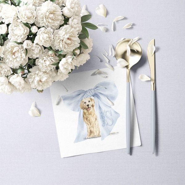 Golden Retriever Printed Napkins for Baby Boy Shower - Custom Paper Napkin - Monogram Bow Cocktail Napkins for Baby Boy Sprinkle (100 Printed Napkins)