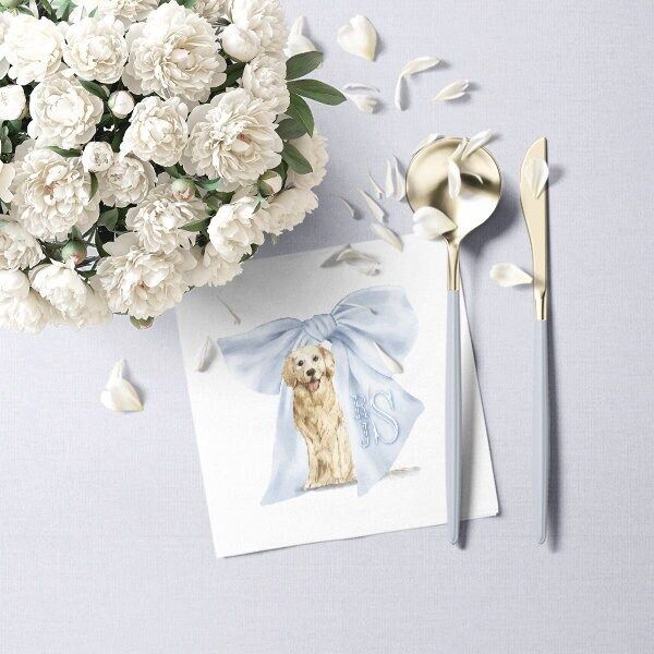 Golden Retriever Printed Napkins for Baby Boy Shower - Custom Paper Napkin - Monogram Bow Cocktail Napkins for Baby Boy Sprinkle (100 Printed Napkins)
