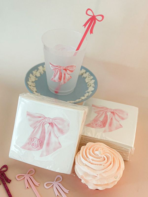 Pink Bow Cocktail Napkins for Baby Shower - Pink Bow Paper Napkins - Personalized Napkins for Baby Girl Sprinkle - Custom Cocktail Napkins (100 Printed Napkins | Cocktail 4.75")