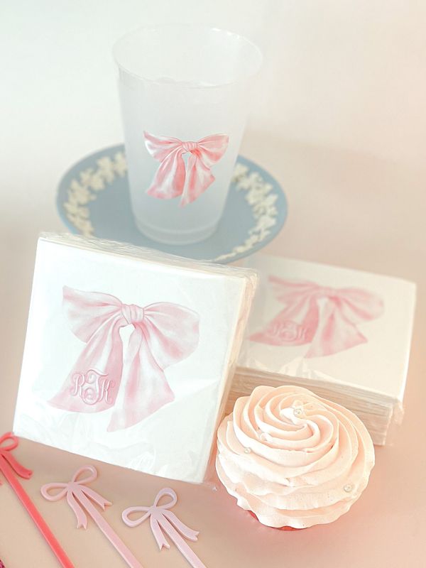 Pink Bow Cocktail Napkins for Baby Shower - Pink Bow Paper Napkins - Personalized Napkins for Baby Girl Sprinkle - Custom Cocktail Napkins (100 Printed Napkins | Cocktail 4.75")