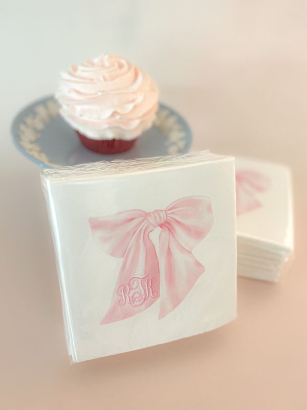 Pink Bow Cocktail Napkins for Baby Shower - Pink Bow Paper Napkins - Personalized Napkins for Baby Girl Sprinkle - Custom Cocktail Napkins (100 Printed Napkins | Cocktail 4.75")