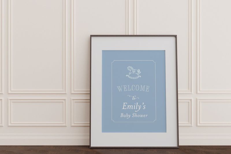 Baby Boy Shower Welcome Sign Printed - Blue and White Rocking Horse - Classic Baby Boy Sprinkle Signage - Printed 18x24" Welcome Poster (18x24")