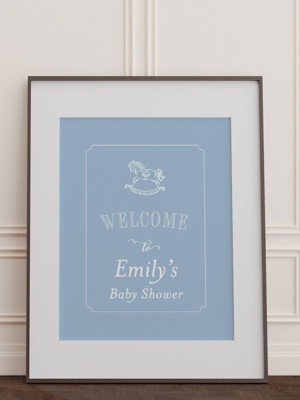Baby Boy Shower Welcome Sign Printed - Blue and White Rocking Horse - Classic Baby Boy Sprinkle Signage - Printed 18x24" Welcome Poster (18x24")