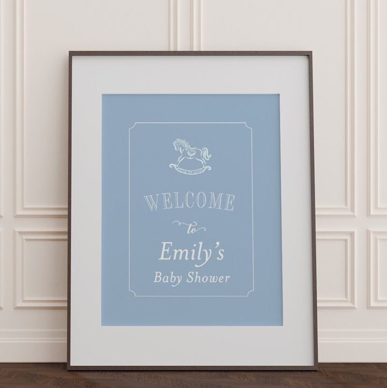 Baby Boy Shower Welcome Sign Printed - Blue and White Rocking Horse - Classic Baby Boy Sprinkle Signage - Printed 18x24" Welcome Poster (18x24")