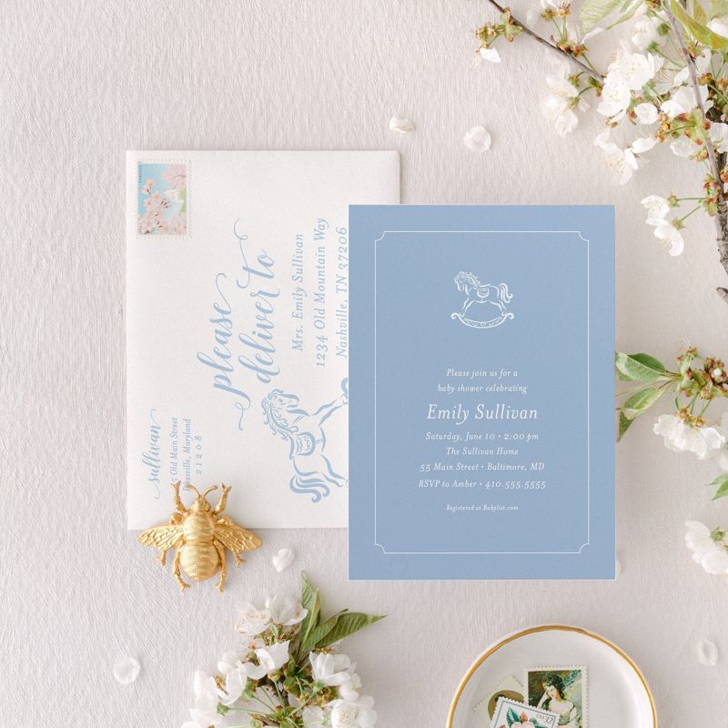 Classic Baby Boy Shower Invitation Rocking Horse Boy Baby Sprinkle Traditional Preppy (10 printed invitations | Plain White Envelopes)
