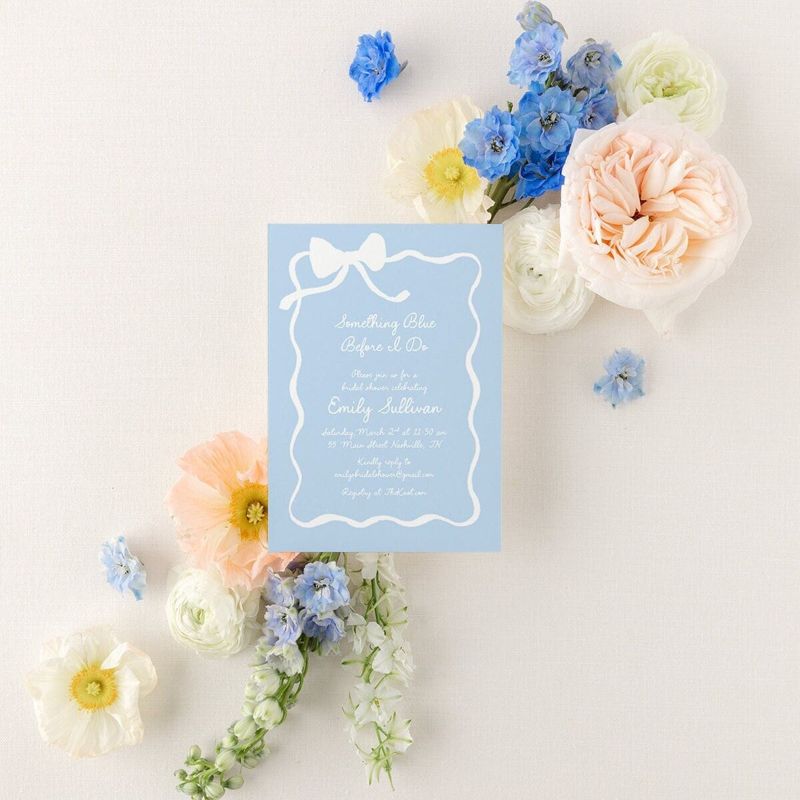 Whimsical Hand Drawn Bridal Shower Invitations - Something Blue Before I Do Bridal Tea - Bow Aesthetic Bridal Luncheon, Bridesmaids Lunch (10 printed invitations | Plain White Envelopes)