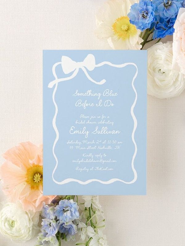 Whimsical Hand Drawn Bridal Shower Invitations - Something Blue Before I Do Bridal Tea - Bow Aesthetic Bridal Luncheon, Bridesmaids Lunch (10 printed invitations | Plain White Envelopes)
