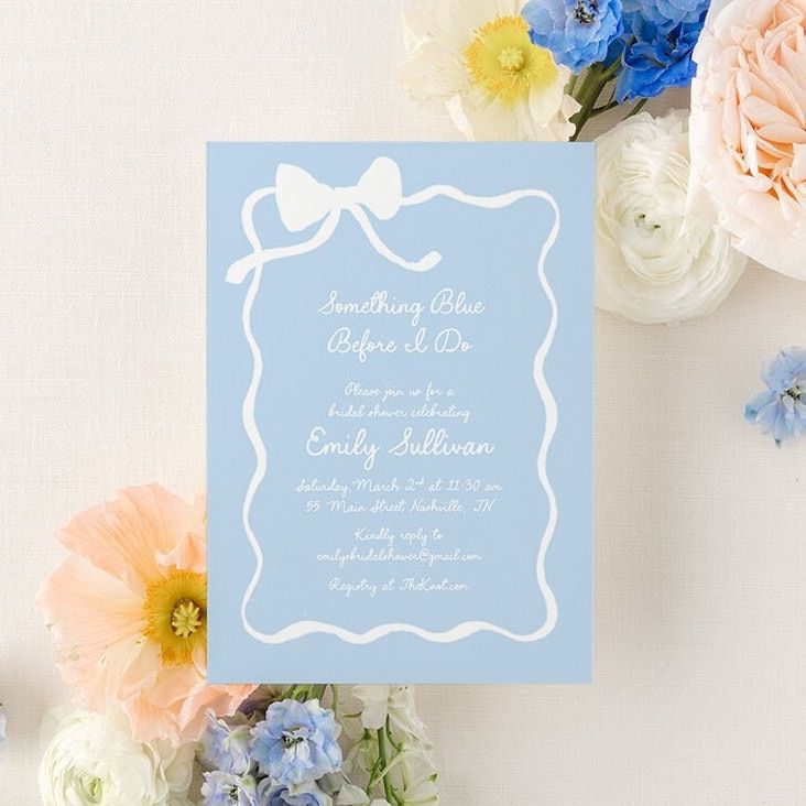 Whimsical Hand Drawn Bridal Shower Invitations - Something Blue Before I Do Bridal Tea - Bow Aesthetic Bridal Luncheon, Bridesmaids Lunch (10 printed invitations | Plain White Envelopes)