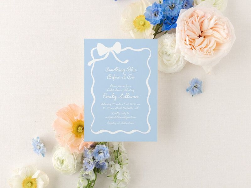 Whimsical Hand Drawn Bridal Shower Invitations - Something Blue Before I Do Bridal Tea - Bow Aesthetic Bridal Luncheon, Bridesmaids Lunch (10 printed invitations | Plain White Envelopes)