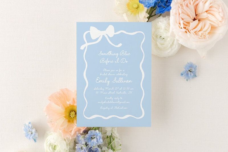 Whimsical Hand Drawn Bridal Shower Invitations - Something Blue Before I Do Bridal Tea - Bow Aesthetic Bridal Luncheon, Bridesmaids Lunch (10 printed invitations | Plain White Envelopes)