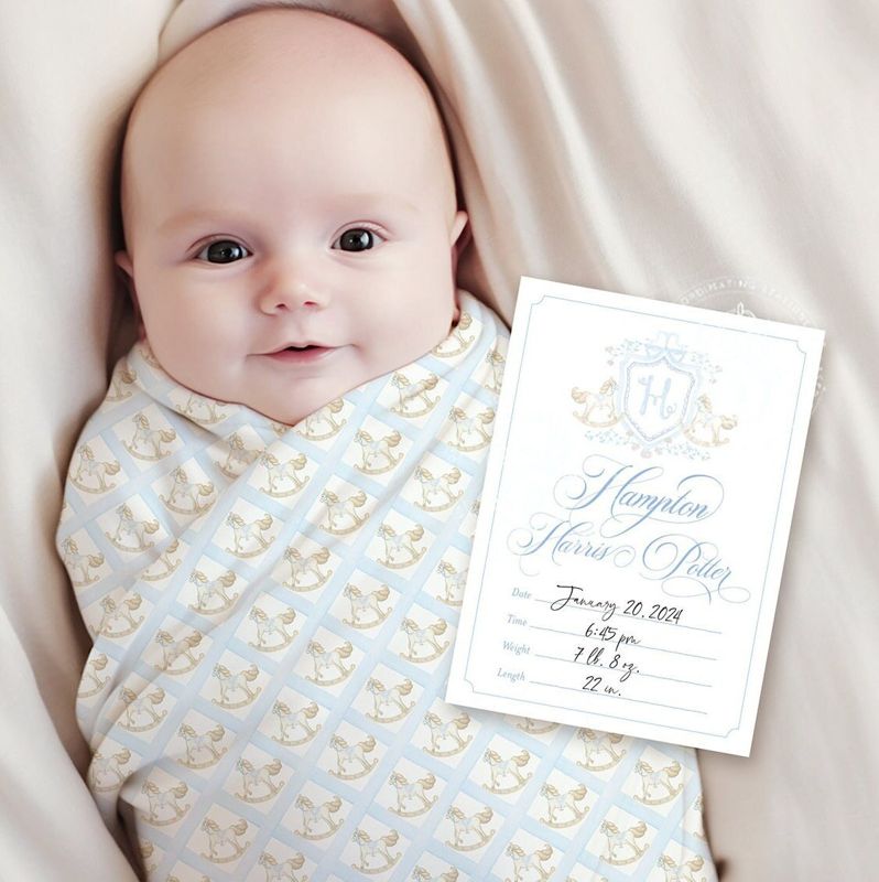 Hospital Bassinet Crib Card, Birth Stats Card, Birth Announcement Printable Classic Rocking Horse Monogram Crest Baby Boy Birth Stats