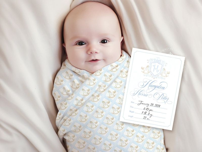Hospital Bassinet Crib Card, Birth Stats Card, Birth Announcement Printable Classic Rocking Horse Monogram Crest Baby Boy Birth Stats