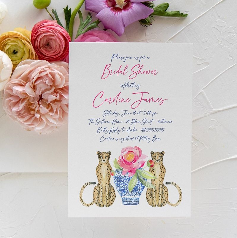 Grandmillenial Bridal Shower Invitations - Bridesmaids Luncheon - Chinoiserie Blue and White - Cheetah Invitation - Classic Bridal Lunch (10 printed invitations | Plain White Envelopes)