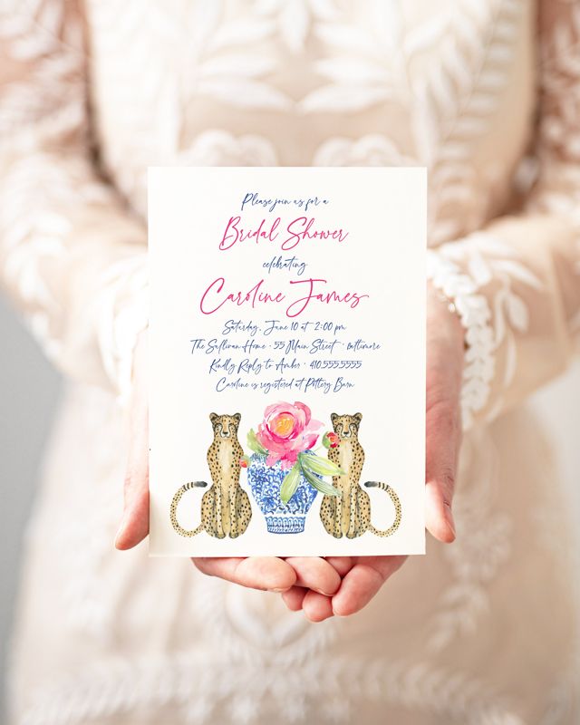 Grandmillenial Bridal Shower Invitations - Bridesmaids Luncheon - Chinoiserie Blue and White - Cheetah Invitation - Classic Bridal Lunch (10 printed invitations | Plain White Envelopes)