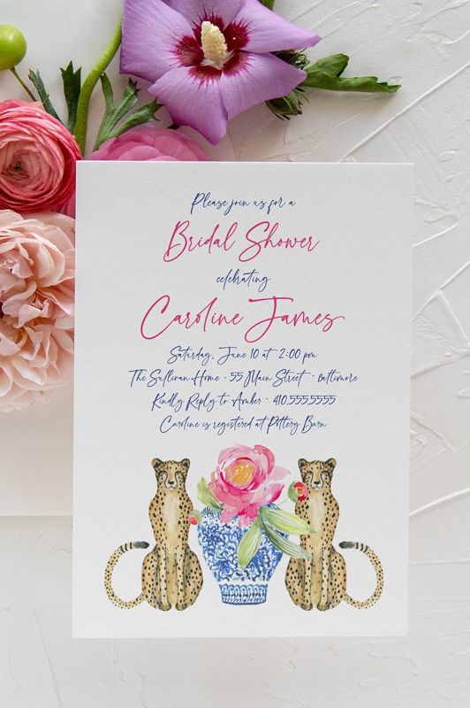 Grandmillenial Bridal Shower Invitations - Bridesmaids Luncheon - Chinoiserie Blue and White - Cheetah Invitation - Classic Bridal Lunch (10 printed invitations | Plain White Envelopes)