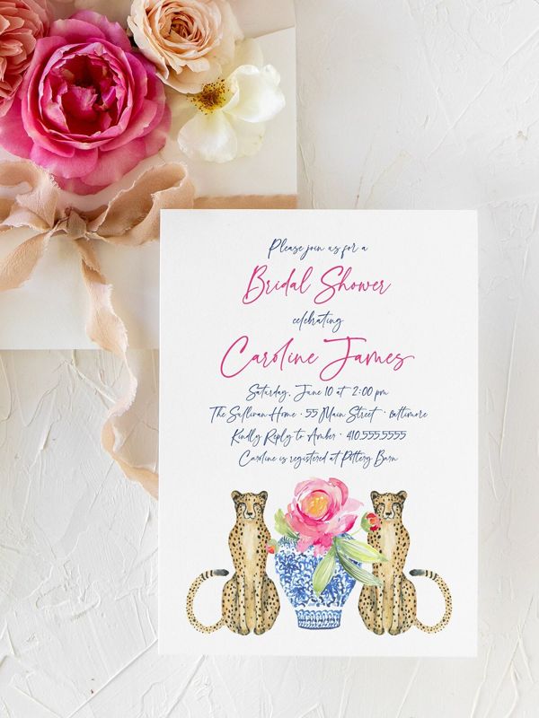 Grandmillenial Bridal Shower Invitations - Bridesmaids Luncheon - Chinoiserie Blue and White - Cheetah Invitation - Classic Bridal Lunch (10 printed invitations | Plain White Envelopes)