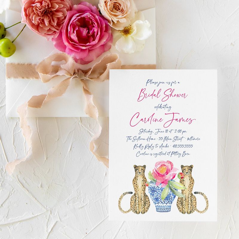 Grandmillenial Bridal Shower Invitations - Bridesmaids Luncheon - Chinoiserie Blue and White - Cheetah Invitation - Classic Bridal Lunch (10 printed invitations | Plain White Envelopes)