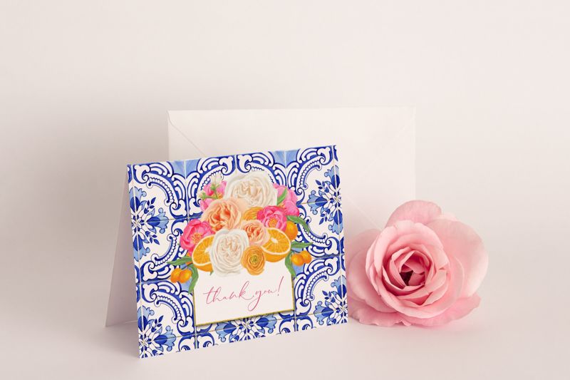 Orange Thank You Notes - Thank you cards for Bridal Shower - Blue Tiles note card - Hot Pink Flowers Thank You Note Cards (20 printed notes)