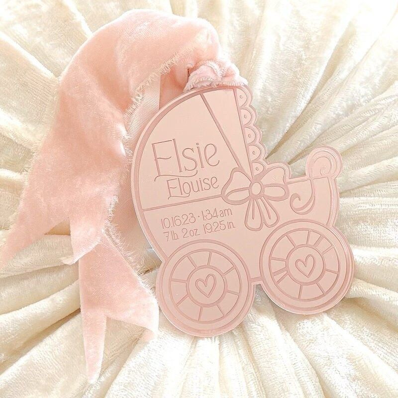 Baby Girl Gift Keepsake Christmas Ornament, baby’s First christmas ornament, birth statistic ornament, birth information ornament stats (Rose Gold Mirror)