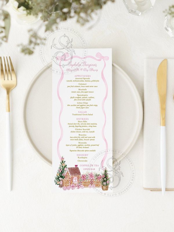 Printable Menu Cards for Pink Christmas Party, Baby Girl Shower, Baby Blessing Menu Card, Sip and See Menu Cards