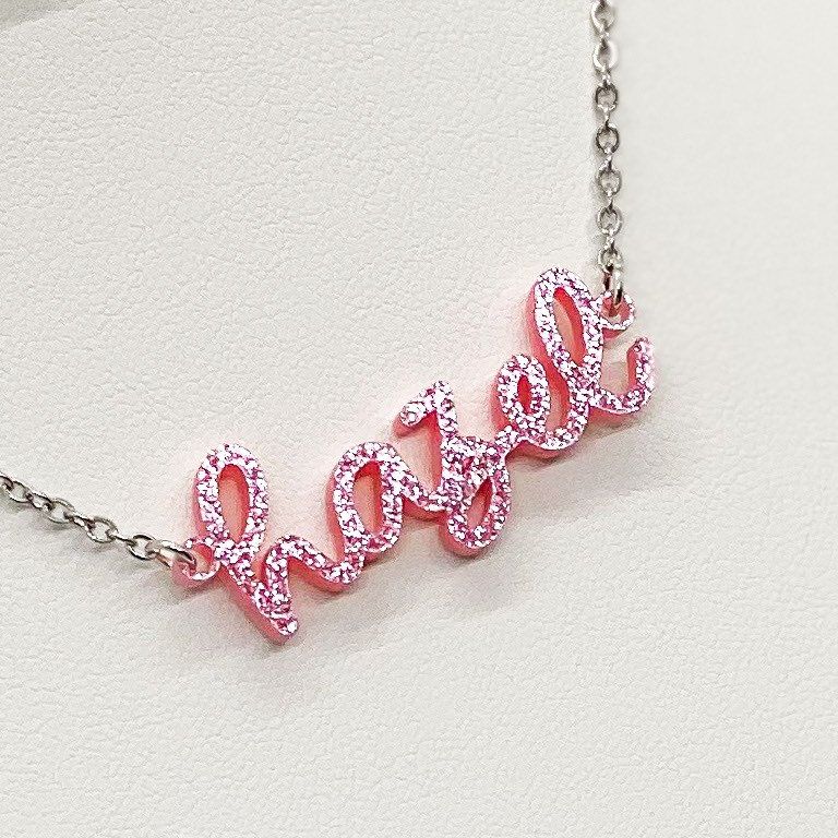 Acrylic Name Necklace, Personalized Nameplate Necklace, Bridesmaid Gift, Pink Plastic Nameplate Jewelry, Gift for Her, Custom Name Charm (glittery pink | Silver Tone 12")