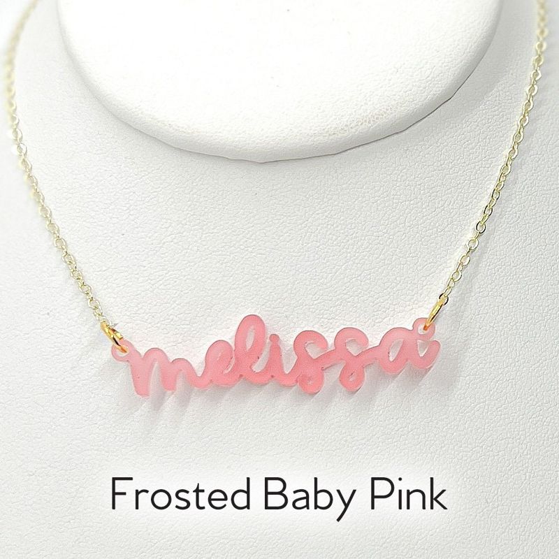 Acrylic Name Necklace, Personalized Nameplate Necklace, Bridesmaid Gift, Pink Plastic Nameplate Jewelry, Gift for Her, Custom Name Charm (glittery pink | Silver Tone 12")