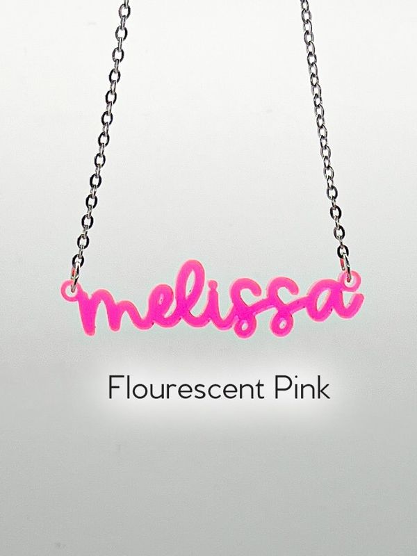 Acrylic Name Necklace, Personalized Nameplate Necklace, Bridesmaid Gift, Pink Plastic Nameplate Jewelry, Gift for Her, Custom Name Charm (glittery pink | Silver Tone 12")